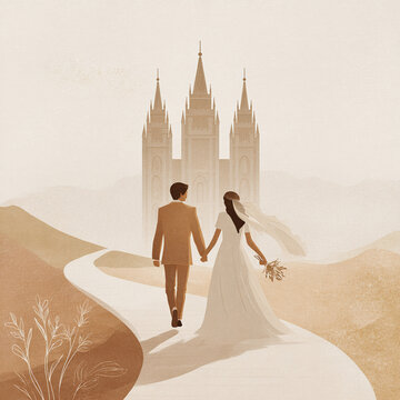 A stunning wedding invitation for the mormon temple wedding. Latter Day Saint Church of Jesus Christ graphics. A couple holding hands in front of the temple with soft tones and florals