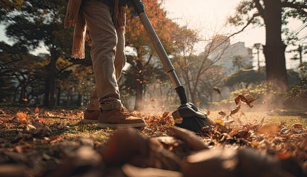 Gardener using a leaf blower to clear fallen autumn leaves from a garden path.