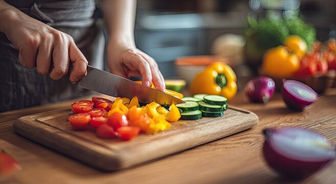 Person Chopping Fresh Colorful Vegetables on Wooden Cutting Board in Kitchen.