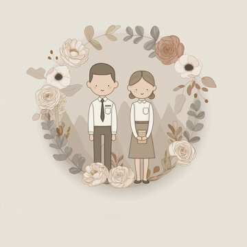 2 missionaries- brother and sister are standing in the circle with the florals and mountains background. Mormon church, Latter Day Saint church background, Invitation mockup