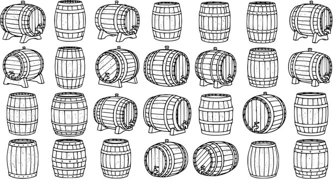 Black and White Line Art Barrels Vector Illustration, Various Wooden Barrels Icons for Storage and Beverage Industry