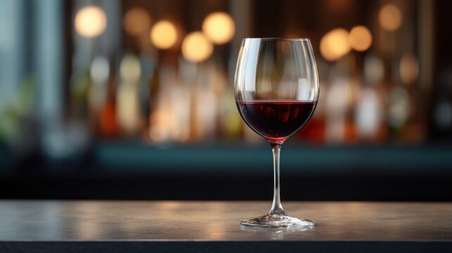 Elegant Red Wine Glass on Stylish Bar Counter with Blurred Background of Bottles and Soft Lights