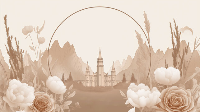 Soft tone sSalt Lake City Mormon temple illustration. 2d graphical illustration of the LDS Temple silhouette, Church, invitation, mormon, The Church of Jesus Christ of Latter-day Saints, florals