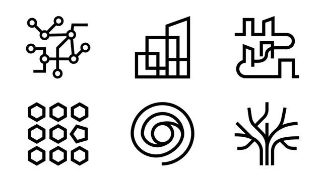Set of Six Abstract Line Art Icons Representing Molecular Structures, Data Graphs, and Tree Diagrams in Minimalist Style