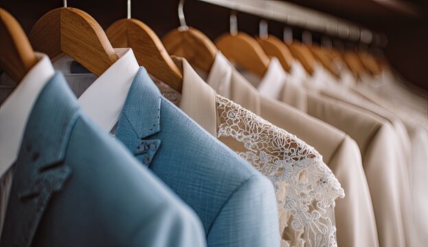 Row of Elegant Suits and Dresses Hanging in a Closet.