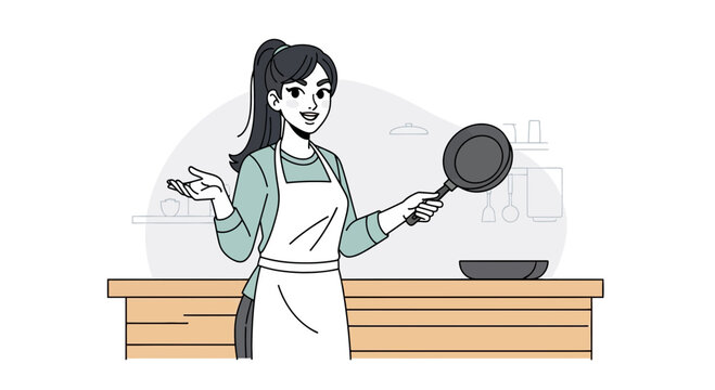 Woman cooking with frying pan in kitchen, illustration, healthy lifestyle, home cooking