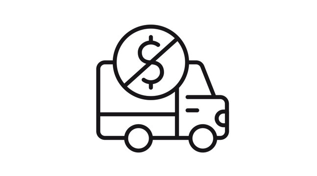 Free delivery service vector icon illustration featuring a minimalist black line art truck with a crossed-out dollar sign symbol representing no shipping cost for e-commerce and logistics.