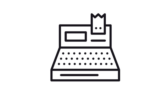 Minimalist black line cash register vector icon illustration. Point of sale machine with receipt, display, and keyboard for retail, shopping, finance, and business payment concepts.