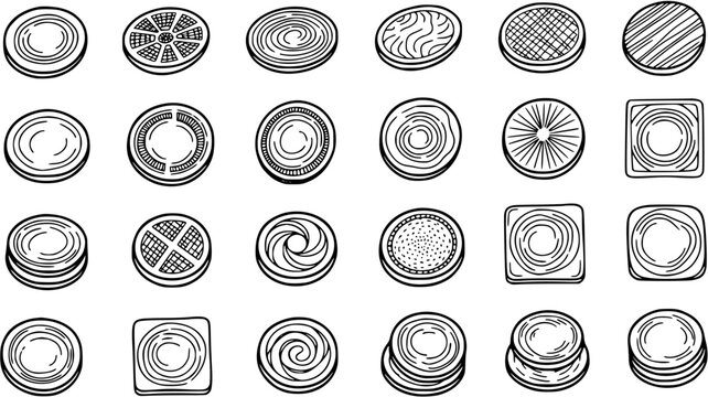 Black and White Line Art Icons of Round and Square Stacked Objects, Food, Cookies, and Candies