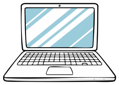 Hand drawn cartoon style illustration of an open laptop computer with a blue screen