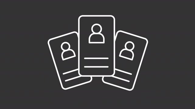 Employee resumes white line animation. Identification badges animated icon. Scaling cv cards. Profiles showing up. Hiring process. Isolated element on dark background. Alpha transparent video
