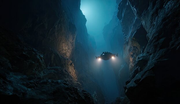 Submarine Navigates Deep Ocean Trench Illuminated by Powerful Lights.