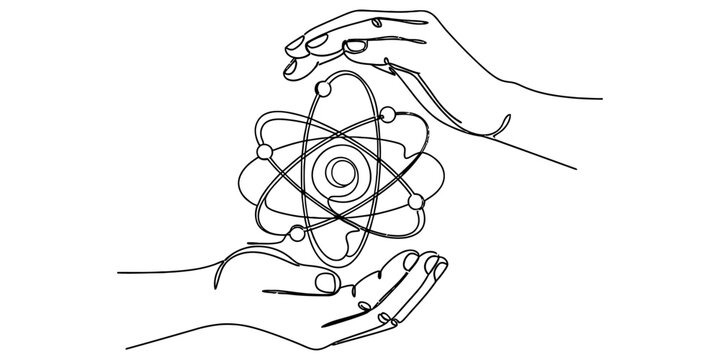 A line art illustration of human hands gently holding a glowing atom model for science concepts