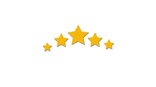 Gold five-star award animation with shadow, 5 star rating concept animation on white background. flat star review stars icon animation. gold star icon five star feedback