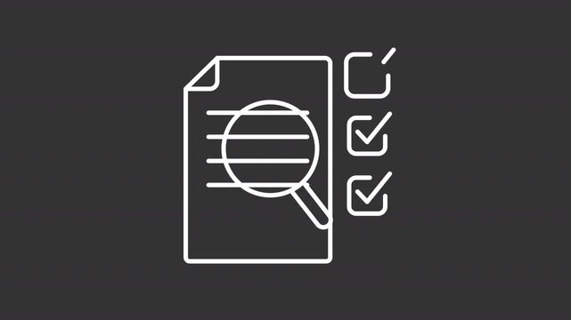 Document review white line animation. Audit process animated icon. Moving magnifying glass. Complete mark showing up. Industry standards. Isolated element on dark background. Alpha transparent video