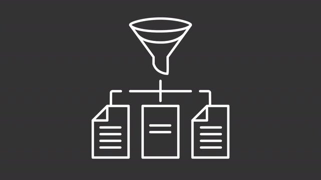 Candidate screening white line animation. Information filtration animated icon. Moving data, shaking documents. Selection process. Isolated element on dark background. Alpha transparent video