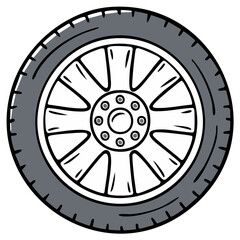 Fototapeta premium Vector illustration of an automobile wheel featuring a dark gray tire and spoked metal rim