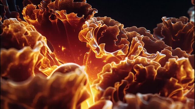 Close-up macro view of fiery orange and yellow cauliflower florets with glowing edges and intricate textures, abstract food art