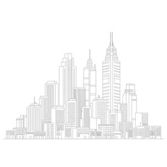 Obraz premium Modern Cityscape Outline: Diverse Skyscrapers and Buildings in a Clean Line Art Style
