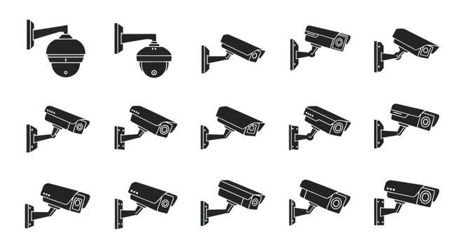 Security Camera Icons Collection: Surveillance Technology, CCTV, Monitoring Equipment