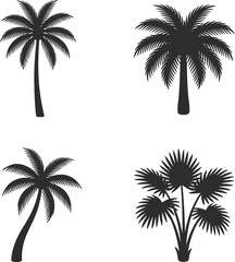 Naklejka premium collection of four different palm tree silhouettes in dark gray, representing tropical nature and exotic destinations