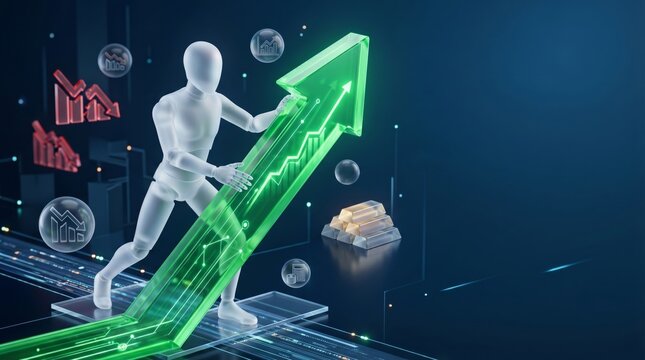 Translucent AI figure pushing glowing green uptrend arrow with gold bars on digital platform, 3D render