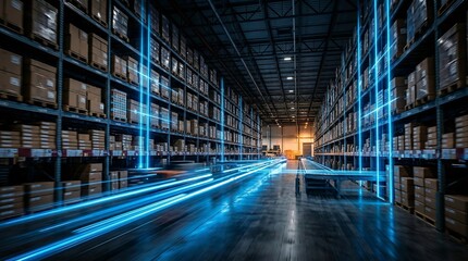 Obraz premium Modern warehouse interior with high shelves stacked with boxes and glowing blue light trails