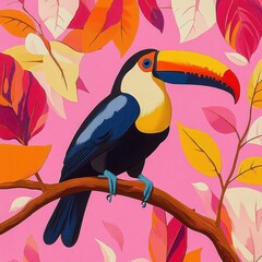 Obraz premium vibrant toucan with oversized orange and yellow beak perched on a branch among colorful tropical leaves on a playful pink background