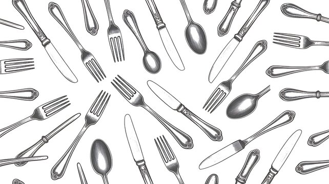 Seamless pattern of metal cutlery with forks knives and spoons on white background