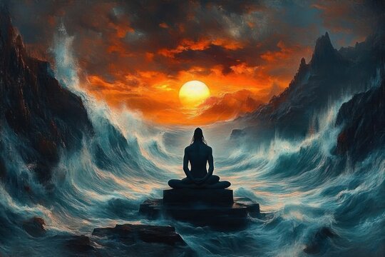 solitary meditator seated cross-legged on a stone platform between towering parted ocean waves under a fiery sunset, calm and contemplative amidst chaotic seas