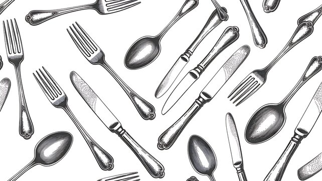 Seamless pattern of metal cutlery including forks knives and spoons on white background