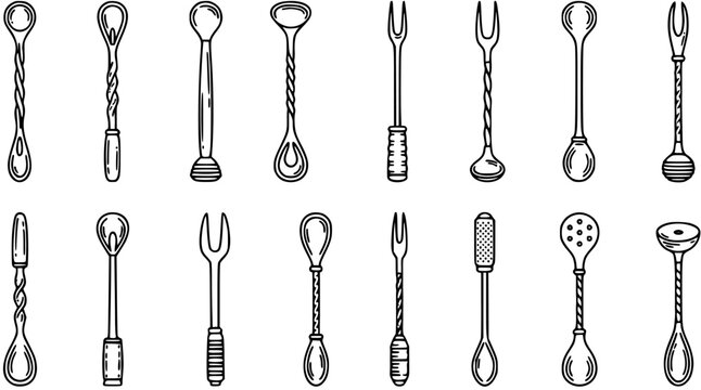Collection of Black and White Line Art Bar Tools Featuring Cocktail Spoons and Forks for Bartending and Mixology