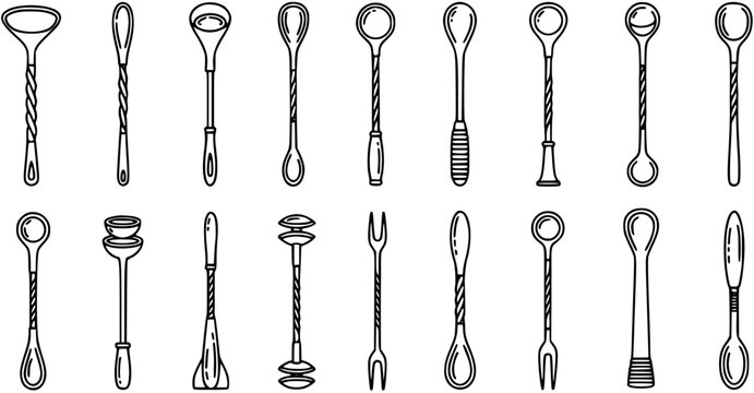Bartending Cocktail Bar Tools Line Art Icons. Hand-drawn Outline Set of Stirrers, Spoons, and Muddlers for Mixology and Beverage Preparation.
