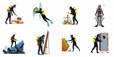 Set of Scuba Diver Illustrations Exploring Shipwrecks and Treasures Underwater © Renzo