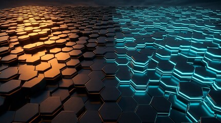 Fototapeta premium Hexagonal tiles with neon lights in orange and blue hues create futuristic technology background