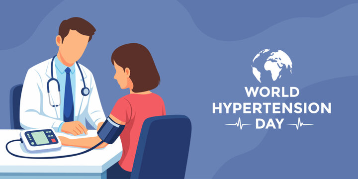 World Hypertension Day banner with doctor checking a patient&rsquo;s blood pressure using a digital monitor. vector illustration.
