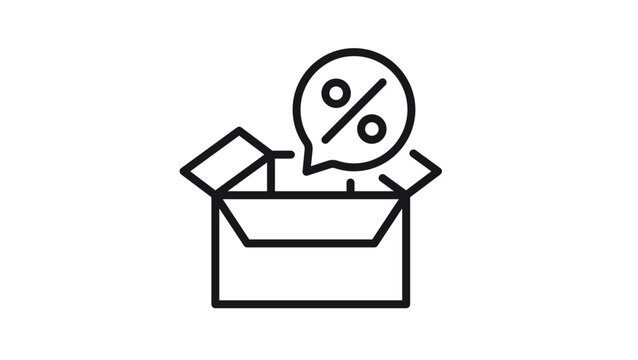 Black line vector icon of an open cardboard box with a percentage sign inside a speech bubble, representing a discount offer, promotional deal, or special sale on a product package delivery.