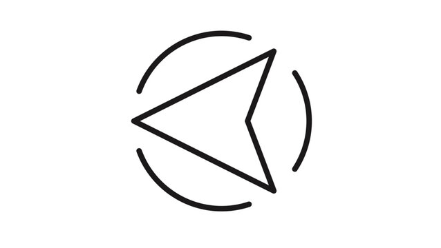 Minimalist black line art vector icon of a navigation arrow or cursor pointing left, surrounded by a broken circle. Scalable graphic illustration for web, mobile apps, and UI design.