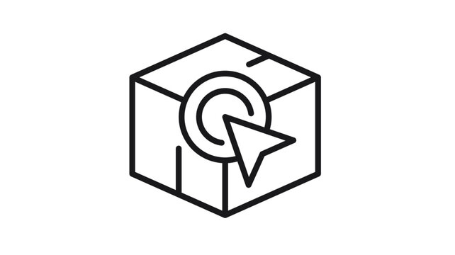 Black line vector icon illustration of a cardboard box package with a computer mouse cursor arrow clicking on a circular target, representing online shopping, delivery tracking, or e-commerce.