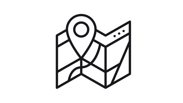 Folded paper map with location pin marker vector icon, minimalist black line illustration for navigation, travel, destination, and geography concepts, isolated on white background.
