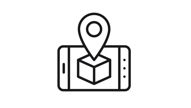 Vector icon illustration of a smartphone displaying a 3D box and a location pin marker, representing mobile package tracking, delivery logistics, augmented reality shopping, and shipping services.