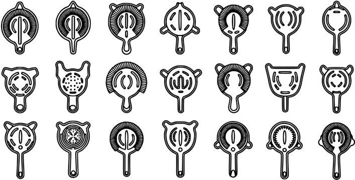 Bartending Cocktail Strainers Vector Outline Icons Set. Black and white line art collection of bar tools, essential for mixing and straining drinks.