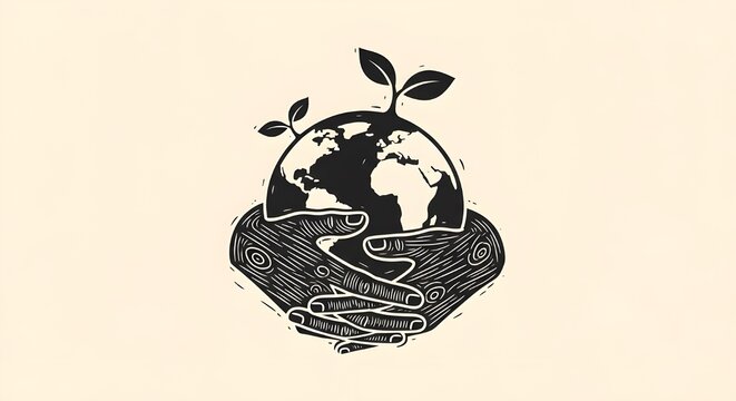 Stamped Earth Emblem Linocut Style Hands Embracing Globe with Sprouts Rustic Eco Block Print Logo Concept