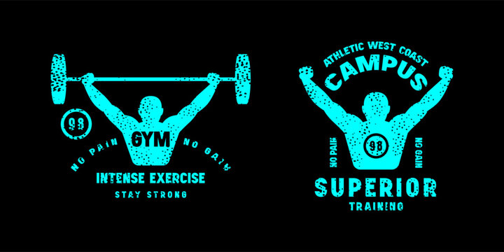 Set of emblems for fitness. Graphic design for t-shirt. Blue print on black background