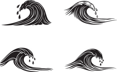 Fototapeta premium Set of black and white ocean waves in vintage engraving style