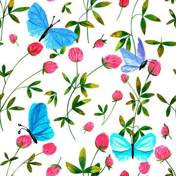 Pattern with wild flowers clover and beautiful butterflies on white background. Floral background, seamless pattern. Luxury wallpaper, fabric, paper