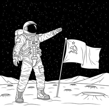 Astronaut plants Soviet flag on moon surface, space exploration, communism concept