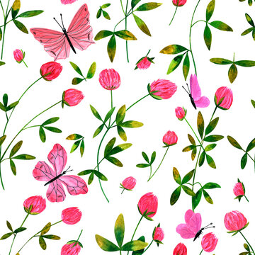 Pattern with wild flowers clover and pink butterflies on white background. Floral background, seamless pattern. Luxury wallpaper, fabric, paper