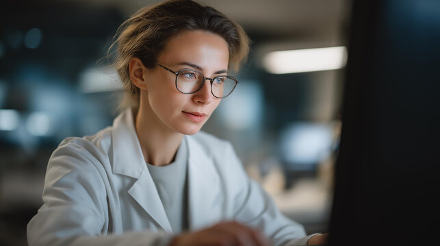 Scientist in futuristic research lab using digital workstation to model nano structures, semiconductors and pharma materials being produced in background. cinematic color correction, natural uneven