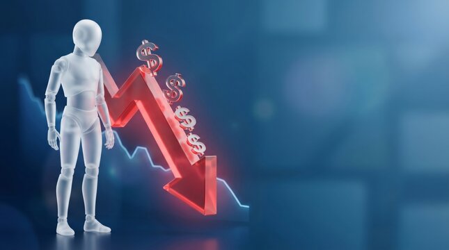Translucent AI robot standing beside large red downtrend arrow with multiple dollar signs falling, 3D render